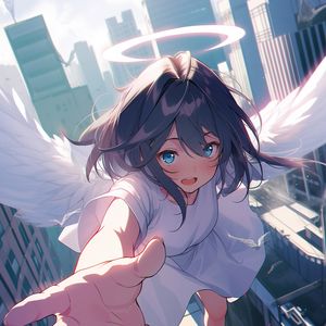 Preview wallpaper girl, angel, halo, flight, city, anime