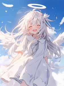 Preview wallpaper girl, angel, halo, wings, clouds, anime