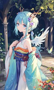 Preview wallpaper girl, angel, horns, wings, kimono, anime