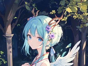 Preview wallpaper girl, angel, horns, wings, kimono, anime
