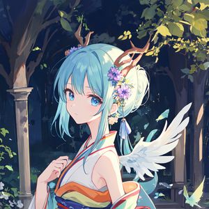 Preview wallpaper girl, angel, horns, wings, kimono, anime