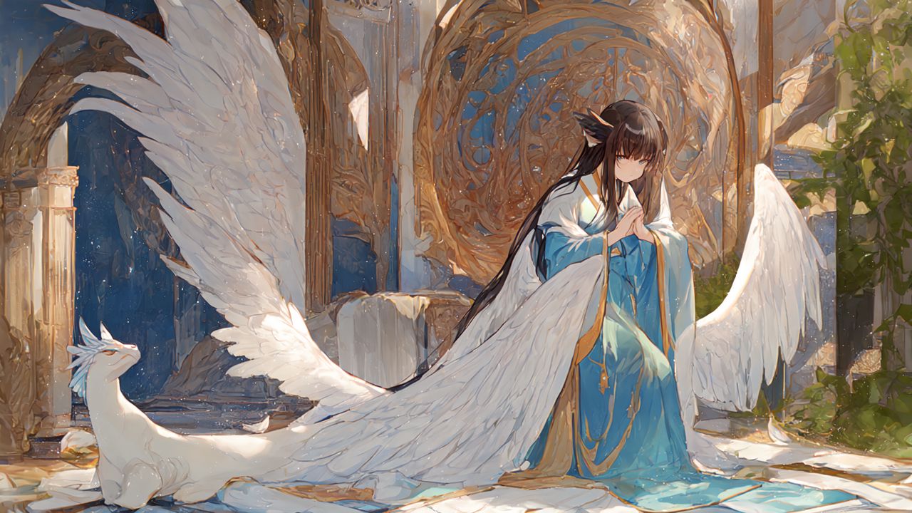 Wallpaper girl, angel, pose, wings, anime, kimono