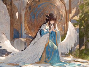 Preview wallpaper girl, angel, pose, wings, anime, kimono