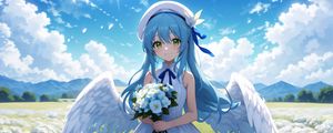 Preview wallpaper girl, angel, smile, wings, bouquet, anime