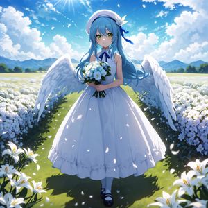 Preview wallpaper girl, angel, smile, wings, bouquet, anime