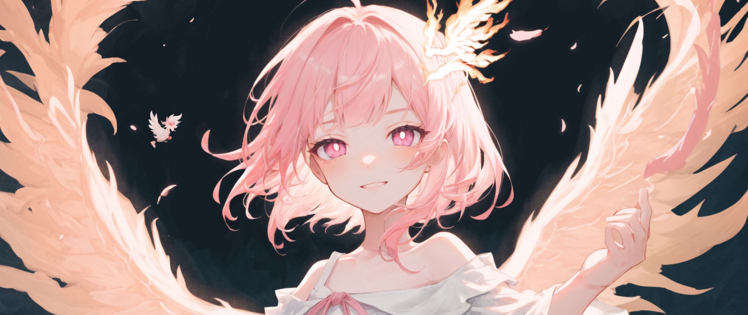 2560x1080 Wallpaper girl, angel, wings, pink, anime