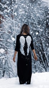 Preview wallpaper girl, angel, wings, sad, forest, winter