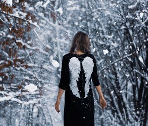 Preview wallpaper girl, angel, wings, sad, forest, winter