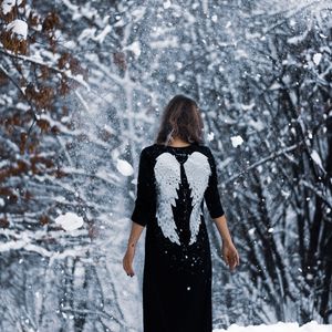 Preview wallpaper girl, angel, wings, sad, forest, winter