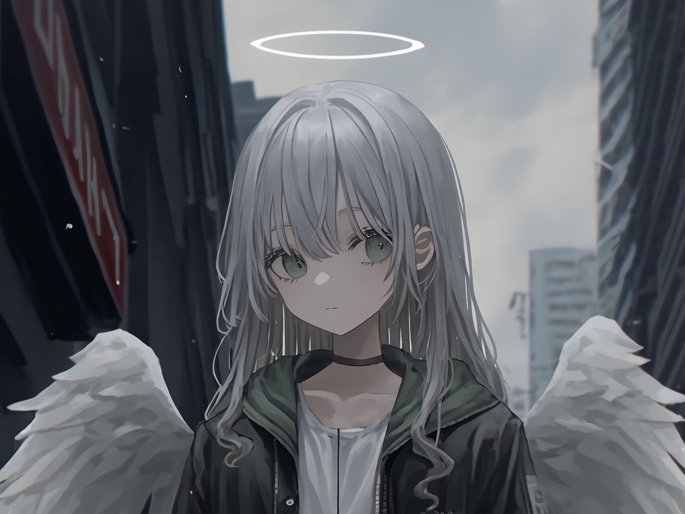 1400x1050 Wallpaper girl, angel, wings, halo, anime
