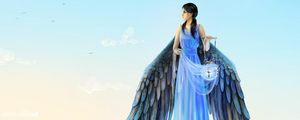 Preview wallpaper girl, angel, wings, cat, roof lamp