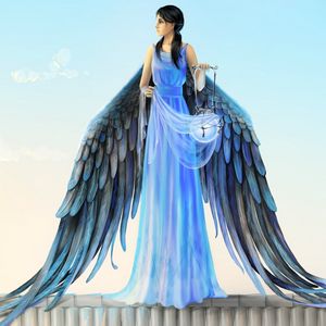 Preview wallpaper girl, angel, wings, cat, roof lamp