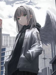 Preview wallpaper girl, angel, wings, halo, anime, jacket