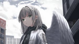 Preview wallpaper girl, angel, wings, halo, anime, jacket