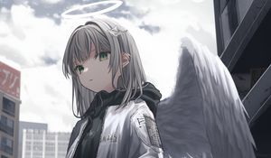 Preview wallpaper girl, angel, wings, halo, anime, jacket