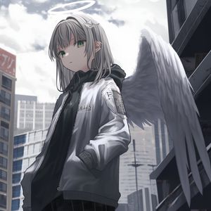 Preview wallpaper girl, angel, wings, halo, anime, jacket