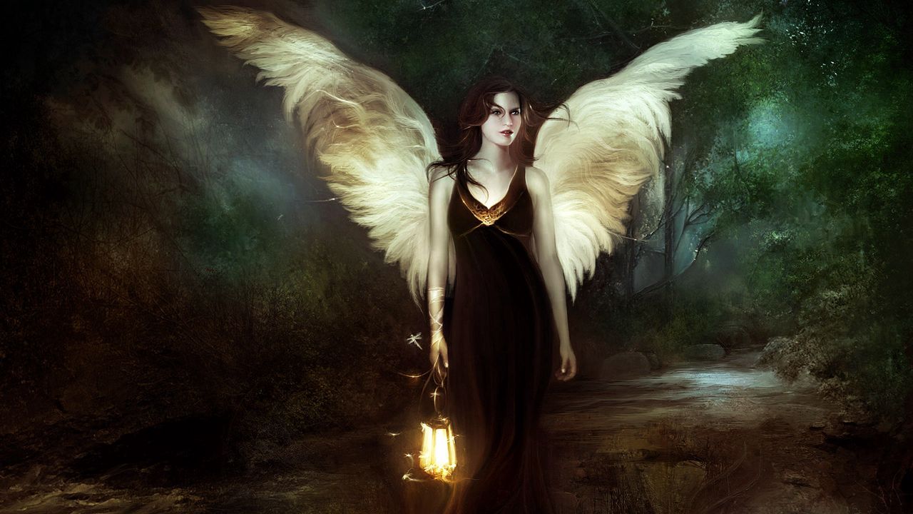 Wallpaper girl, angel, wood, lantern, night