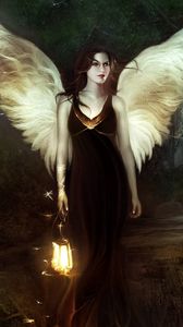 Preview wallpaper girl, angel, wood, lantern, night