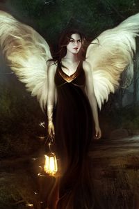 Preview wallpaper girl, angel, wood, lantern, night