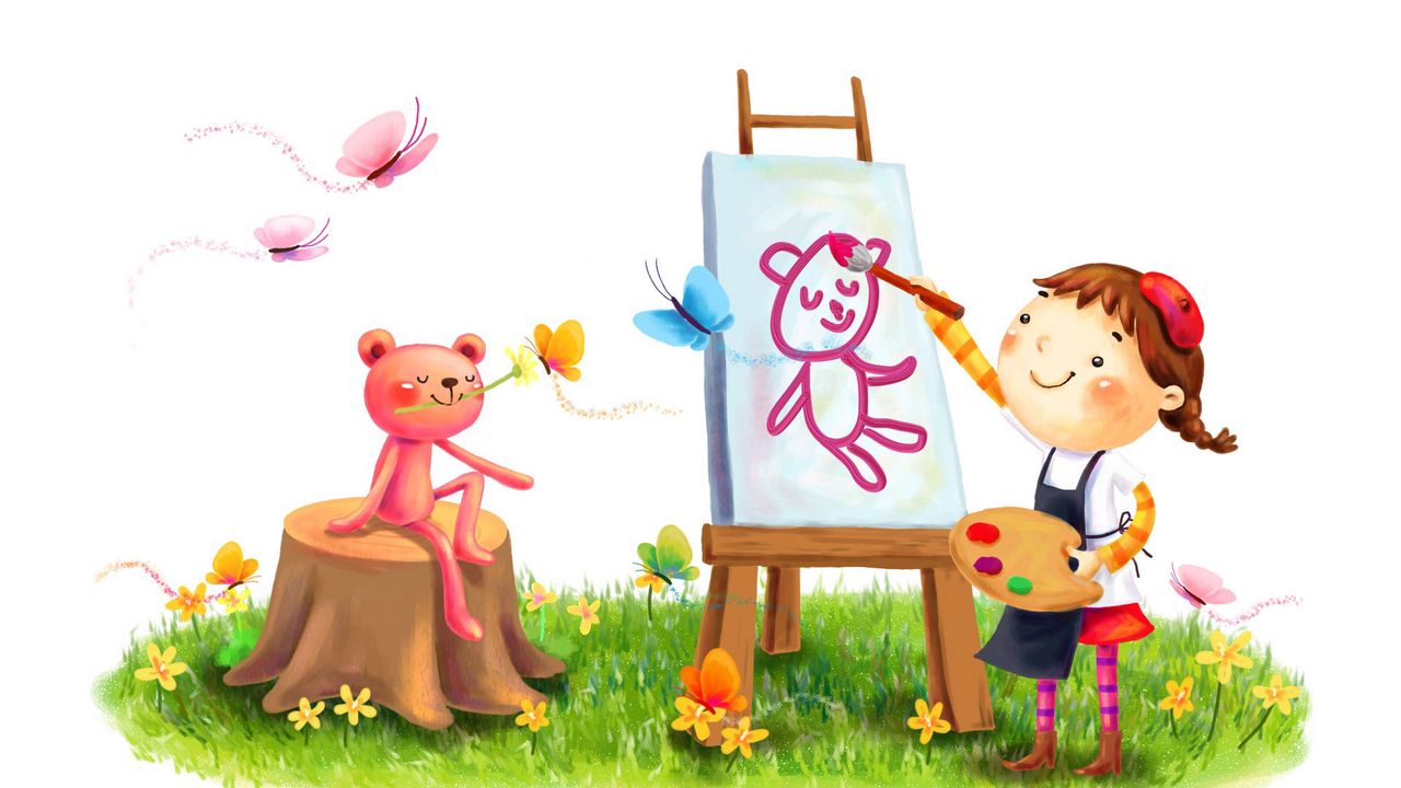 Wallpaper girl, animal, smile, drawing, paint, brush, butterfly, grass, summer, flowers