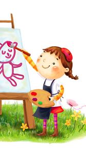 Preview wallpaper girl, animal, smile, drawing, paint, brush, butterfly, grass, summer, flowers