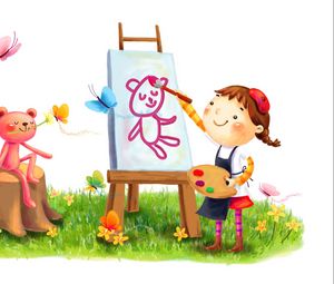 Preview wallpaper girl, animal, smile, drawing, paint, brush, butterfly, grass, summer, flowers