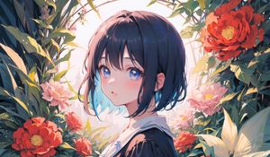 Preview wallpaper girl, anime, art, dress, flowers