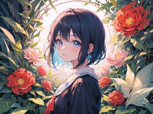 Preview wallpaper girl, anime, art, dress, flowers