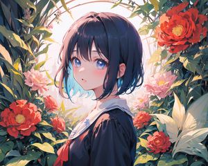 Preview wallpaper girl, anime, art, dress, flowers