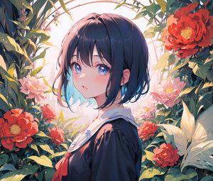 Preview wallpaper girl, anime, art, dress, flowers