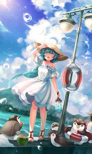 Preview wallpaper girl, anime, hat, dress, penguins, art