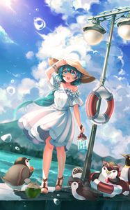 Preview wallpaper girl, anime, hat, dress, penguins, art