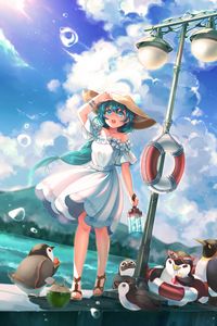 Preview wallpaper girl, anime, hat, dress, penguins, art