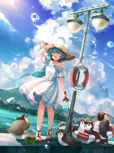 Preview wallpaper girl, anime, hat, dress, penguins, art