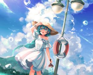 Preview wallpaper girl, anime, hat, dress, penguins, art