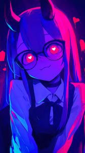 Preview wallpaper girl, anime, horns, glasses, hearts, art