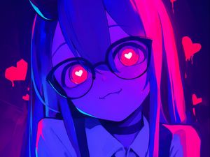 Preview wallpaper girl, anime, horns, glasses, hearts, art