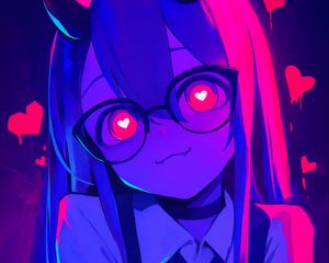 Preview wallpaper girl, anime, horns, glasses, hearts, art