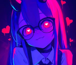 Preview wallpaper girl, anime, horns, glasses, hearts, art