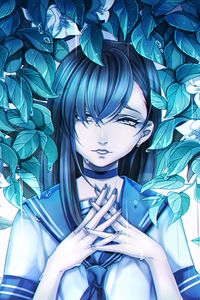 Preview wallpaper girl, anime, sadness, leaves, art