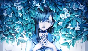 Preview wallpaper girl, anime, sadness, leaves, art