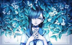 Preview wallpaper girl, anime, sadness, leaves, art