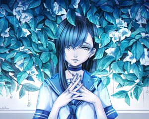 Preview wallpaper girl, anime, sadness, leaves, art