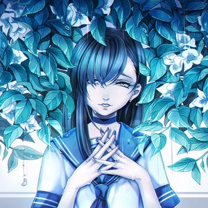 Preview wallpaper girl, anime, sadness, leaves, art