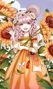 Preview wallpaper girl, anime, sunflowers, art