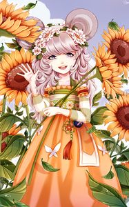 Preview wallpaper girl, anime, sunflowers, art