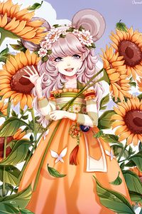 Preview wallpaper girl, anime, sunflowers, art