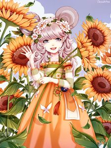 Preview wallpaper girl, anime, sunflowers, art