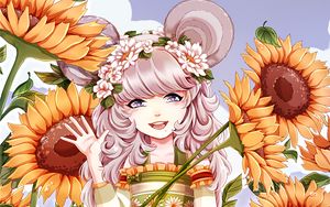 Preview wallpaper girl, anime, sunflowers, art