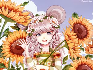 Preview wallpaper girl, anime, sunflowers, art